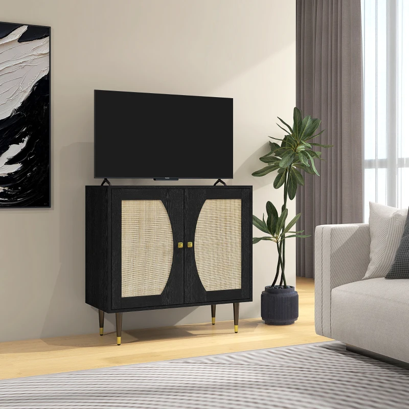 HOMCOM Buffet de cuisine meuble de rangement design bohème double portes avec 2 niveaux, façade en rotin 80 x 38 x 79 cm noir