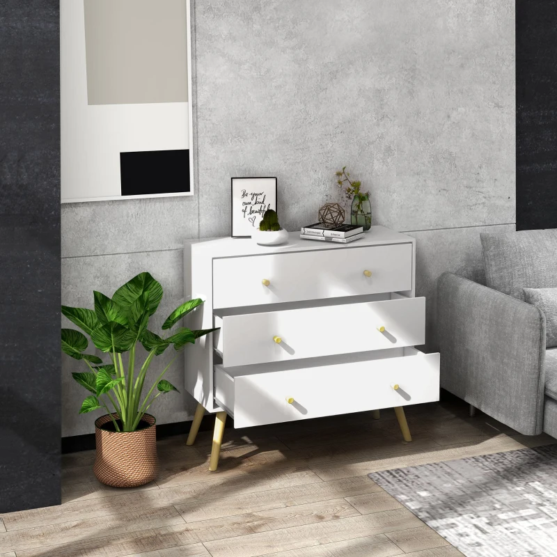 HOMCOM Commode 3 tiroirs design scandinave piètement effilé incliné bois pin panneaux blanc80 x 30 x 80 cm blanc