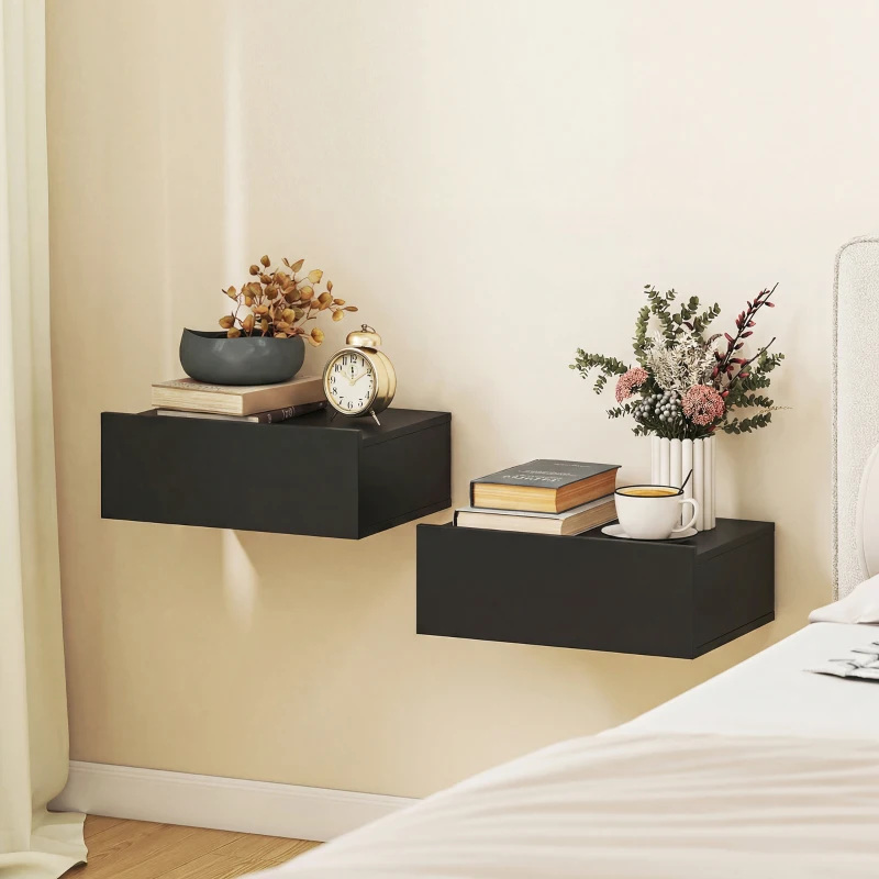 HOMCOM Set di 2 Comodini Sospesi Moderni con Cassetto in Legno, 40x30x15cm, Nero