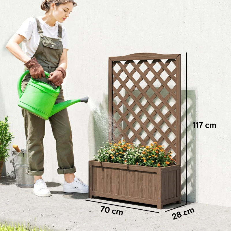 Outsunny Jardinière avec treillis, bac à fleurs, pour plantes grimpantes, légumes, fleurs, en bois massif, 70x28x117cm café foncé