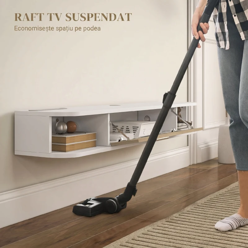 HOMCOM，Suport TV，Cu 2 Rafturi Deschise și Dulap cu Ușă Rabatabilă，MDF，120cm x 26cm x 16cm，Alb, gri