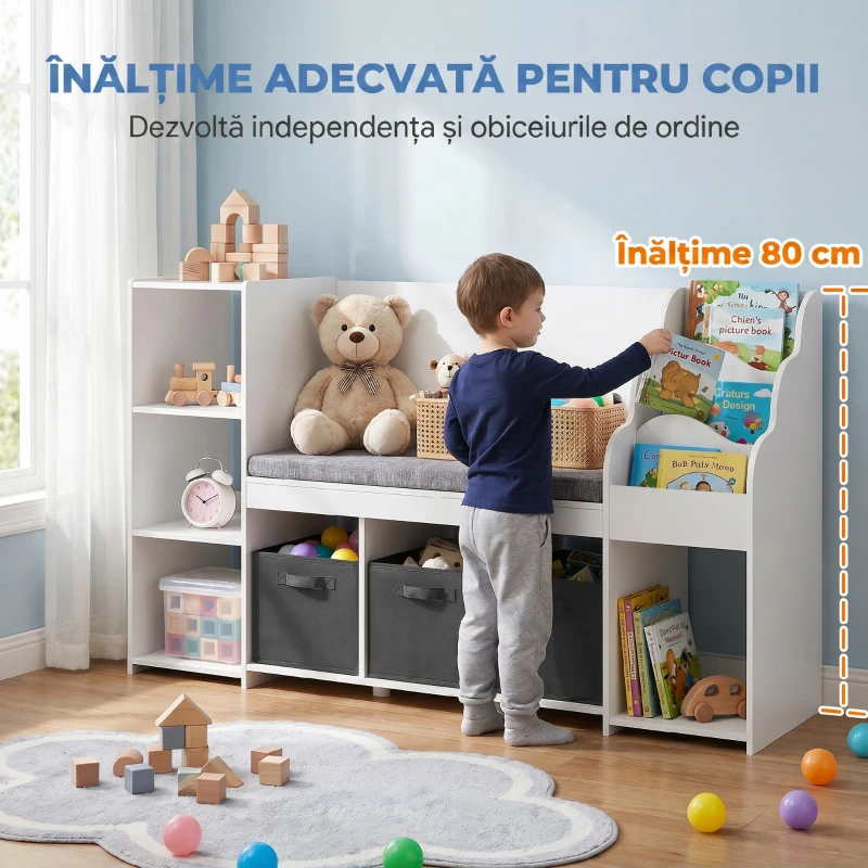 AIYAPLAY Raft Depozitare Jucării Copii 3-8 Ani cu Bibliotecă pe 3 Niveluri, 3 Sertare, 4 Compartimente, Pernă, Alb