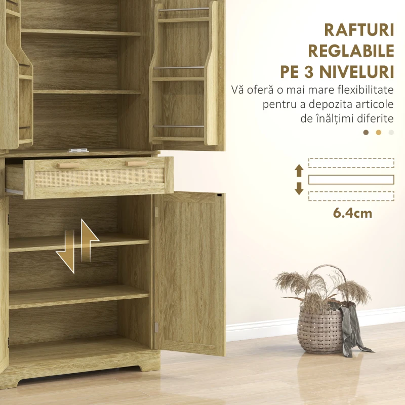 HOMCOM Bufet de Bucătărie Stil Boho cu 2 Dulapuri, Sertar și Suport pentru Condimente din Lemn și Ratan, 76x40x183cm, Stejar