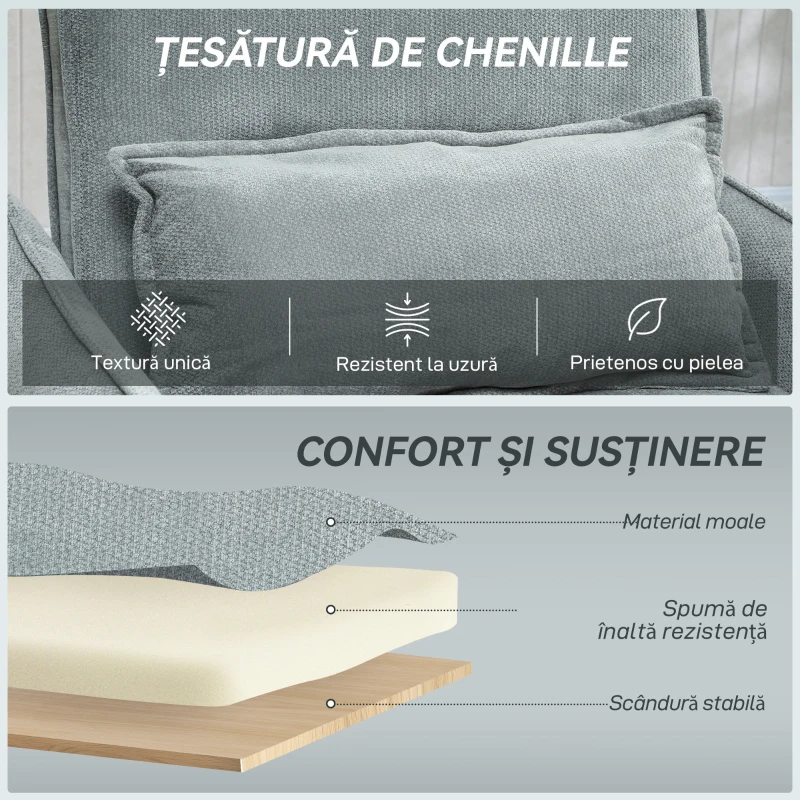 HOMCOM Fotoliu Extensibil 3 în 1 cu Spătar Reglabil și Pernă, Tapițerie din Chenille, 88x84x87 cm, Gri