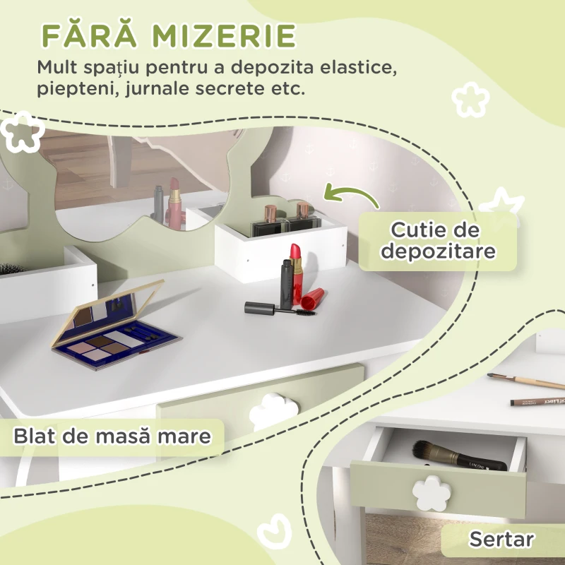 ZONEKIZ Set masă de toaletă pentru fetițe cu oglindă și scaun asortat din lemn, sertar și spații de depozitare, alb