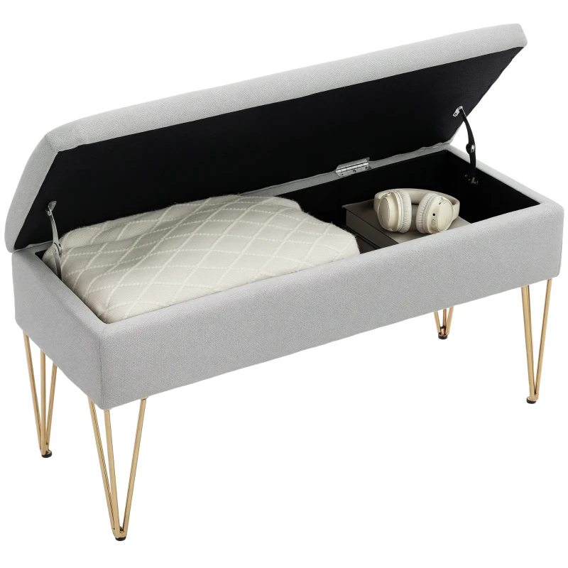 HOMCOM Bancă pentru capătul patului cu spațiu de depozitare, din material textil și picioare din oțel, 100x40x49 cm, gri deschis