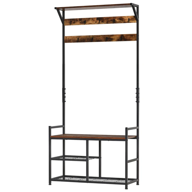 HOMCOM Coat Rack Stand Shoe Storage Bench with 9 Hooks Shelves for Bedroom Living Room Entryway Brown and Black 180cm