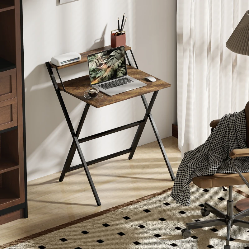 HOMCOM 70 cm Folding Computer Desk with Monitor Shelf - Rustic Brown