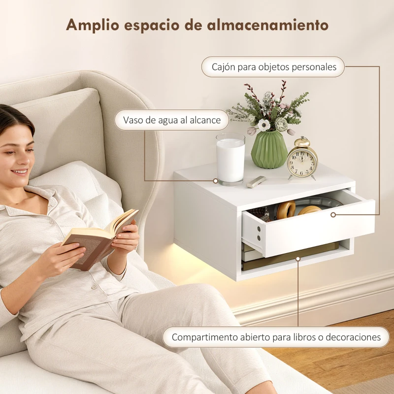 HOMCOM Juego de 2 Mesitas de Noche Flotantes con Luces LED RGB Control de APP Cajón Estante Abierto 37x32x21 cm Blanco