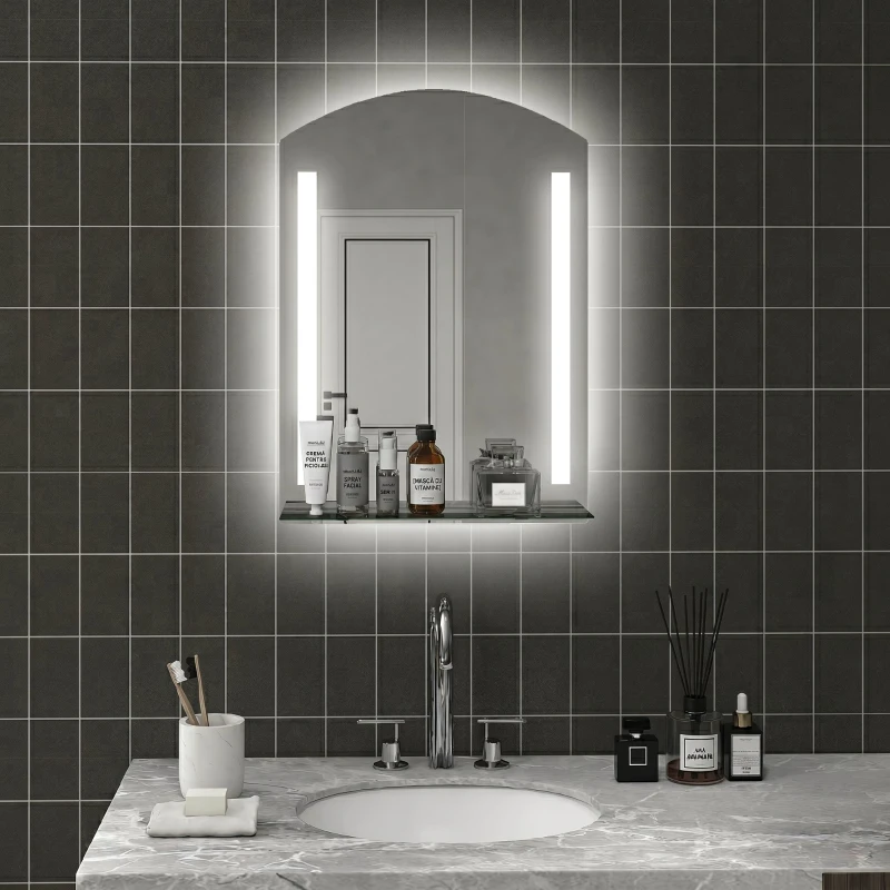 kleankin Oglindă de baie cu lumină LED reglabilă în 3 culori și raft din sticlă, 50x12x70 cm, argintiu