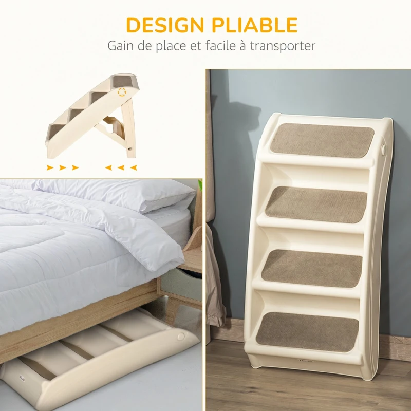 PawHut Escalier pour Chien Pliant à 4 Marches Antidérapantes, Escalier pour Animaux en Plastique, 62 x 38 x 49,5 cm, Beige