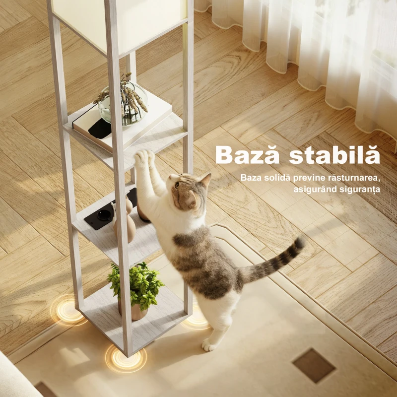 HOMCOM Lampă de podea cu rafturi, lumină reglabilă, întrerupător cu pedală și porturi USB, alb și stejar