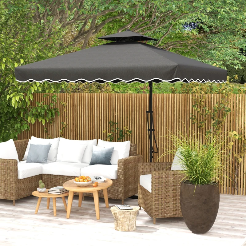 Outsunny 2.5m Square Double Top Garden Parasol Cantilever Umbrella with Ruffles, Dark Grey