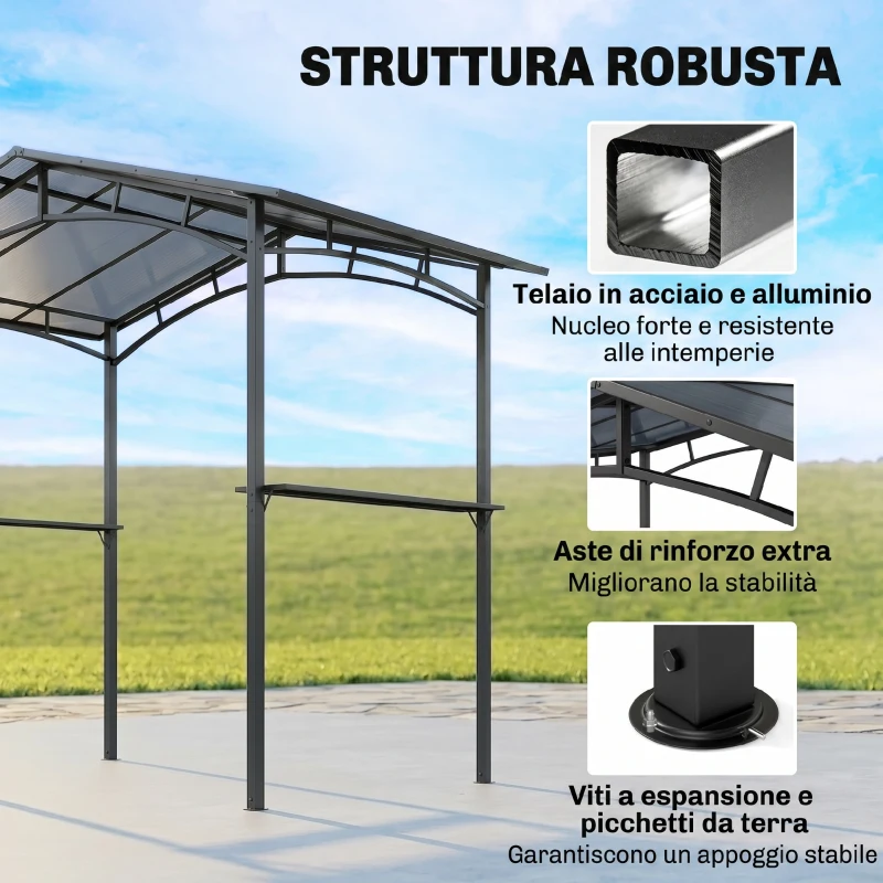 Outsunny Gazebo da Giardino per Barbecue BBQ con Tetto in PC e Mensole Laterali, 246x149x230cm, Nero