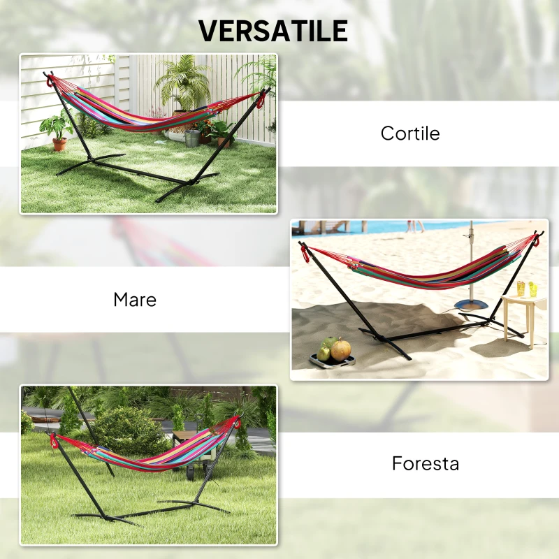 Outsunny Amaca Autoportante con Supporto, Altezza Regolabile e Borsa di Trasporto, 310x117x105 cm, Rosso