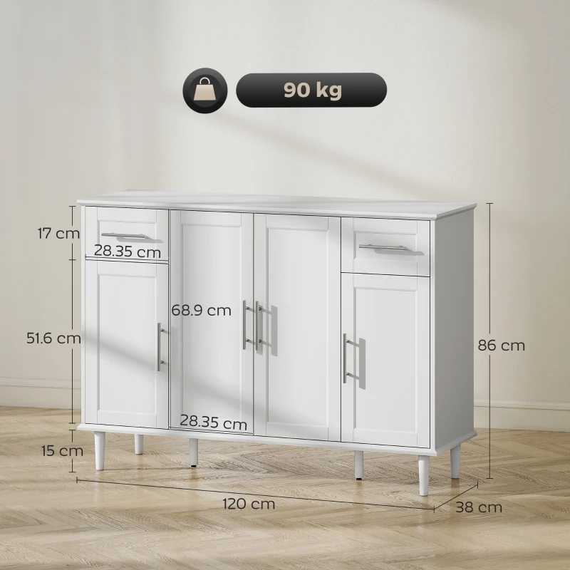 HOMCOM Comodă Buffet Elegantă cu 2 Sertare și 3 Dulapuri cu Rafturi Reglabile, din Lemn, 120x38x86 cm, Alb