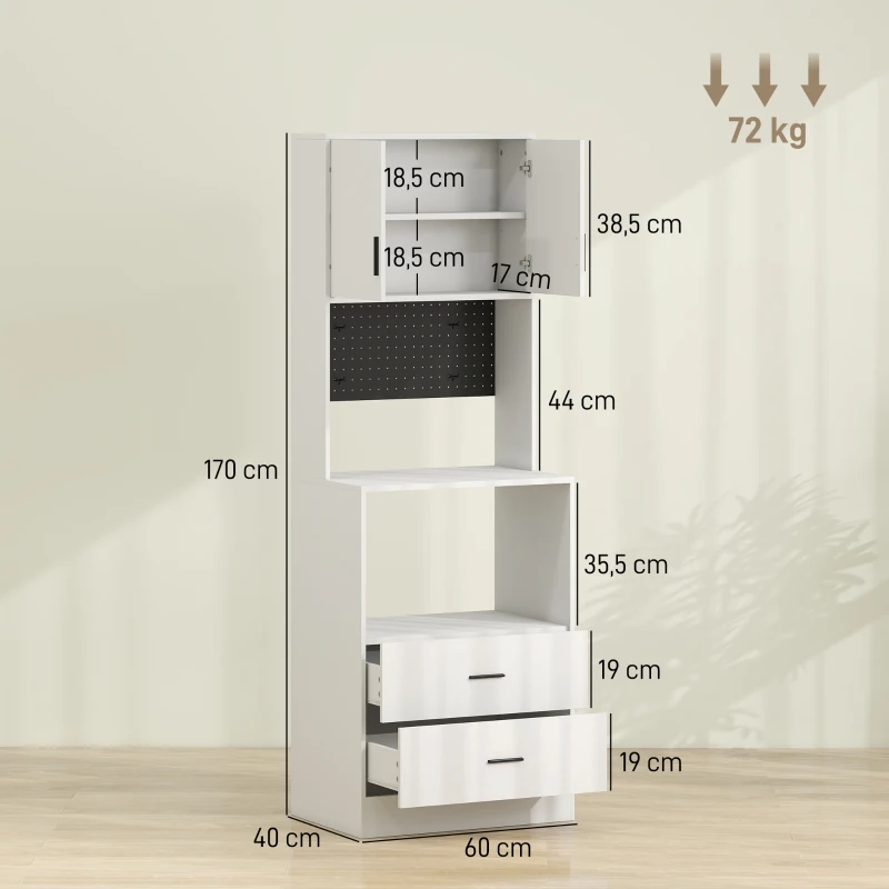 HOMCOM Mueble Auxiliar de Cocina con Soporte para Microondas 2 Cajones 2 Puertas y Panel Perforado de Metal Blanco