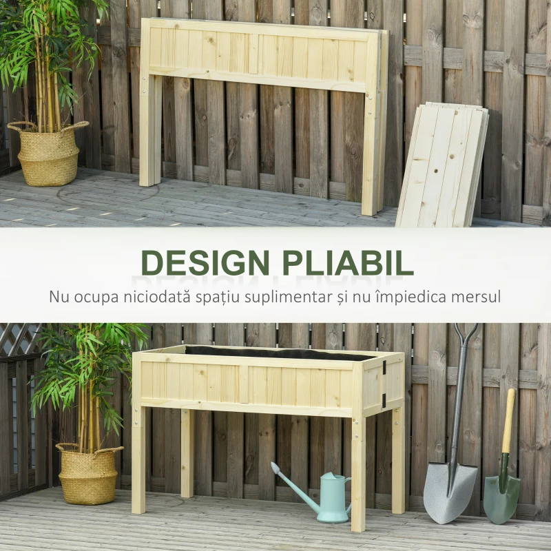 Outsunny Jardinieră Ridicată Pliabilă, Pat pentru Grădină în Lemn de Brad cu 4 Orificii de Drenaj, pentru Grădină, Terasă, Balcon, 115x56x76 cm, Culoare Lemn