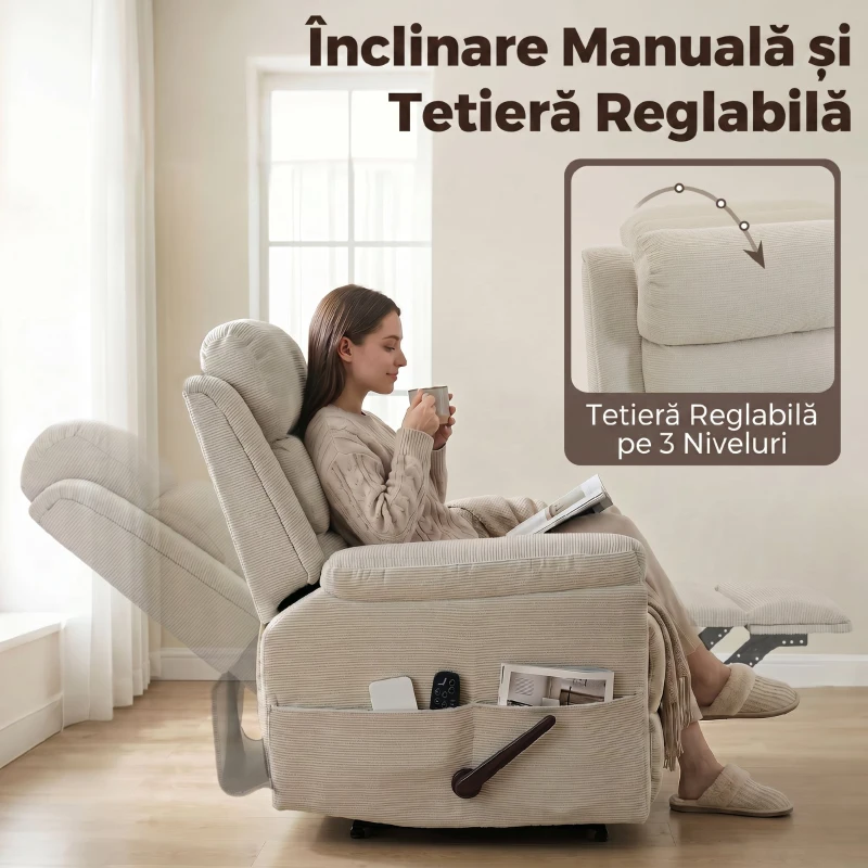 HOMCOM Fotoliu Reclinabil cu Funcție de Masaj și Încălzire, Chenille, Alb Crem