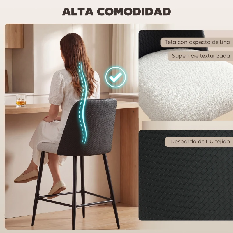 HOMCOM Juego de Taburetes Altos de Cocina con Respaldo y Reposapiés Tapizados de Lino y PU Marco de Acero Negro