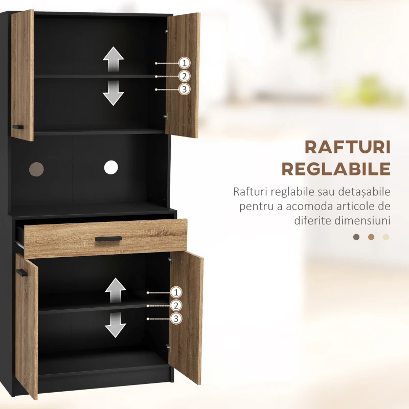 HOMCOM Bufet de Bucătărie din Lemn cu 2 Dulapuri cu Uși Duble și Sertar, 80x40x180 cm, Negru și culoare Lemn