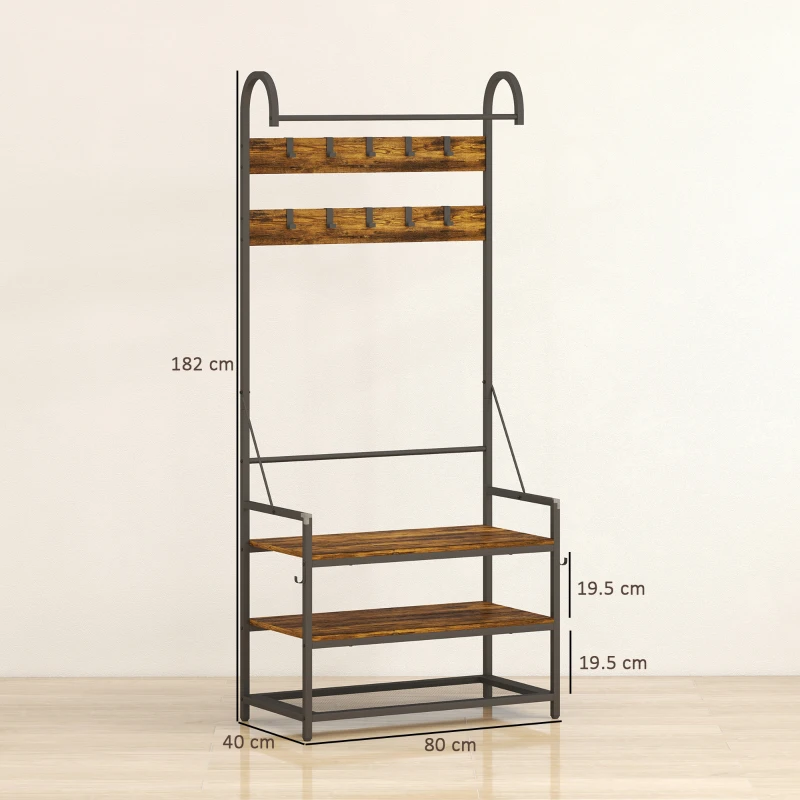 HOMCOM Cuier de Hol cu Bară, 10 Cârlige, Bancă și Suport pentru Pantofi, din Lemn și Metal, 80x40x182 cm, Maro și Negru