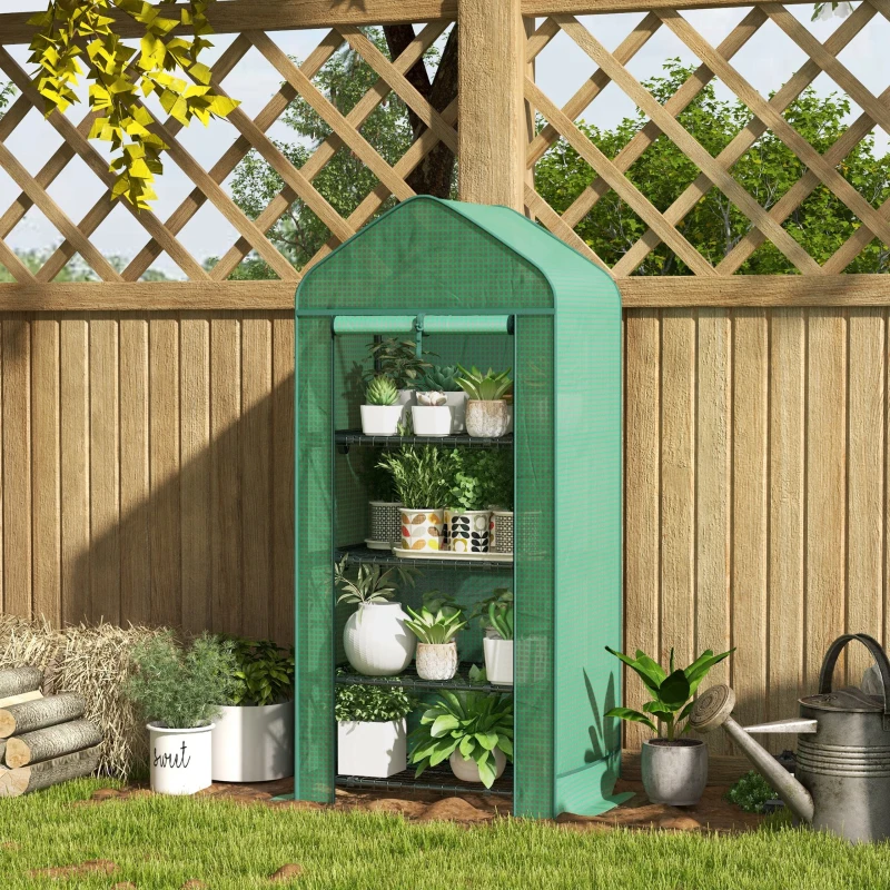 Outsunny Seră pentru Plante cu 4 Rafturi și Ușă Rulabilă, din Metal și PE, 69x49x158 cm, Verde Închis