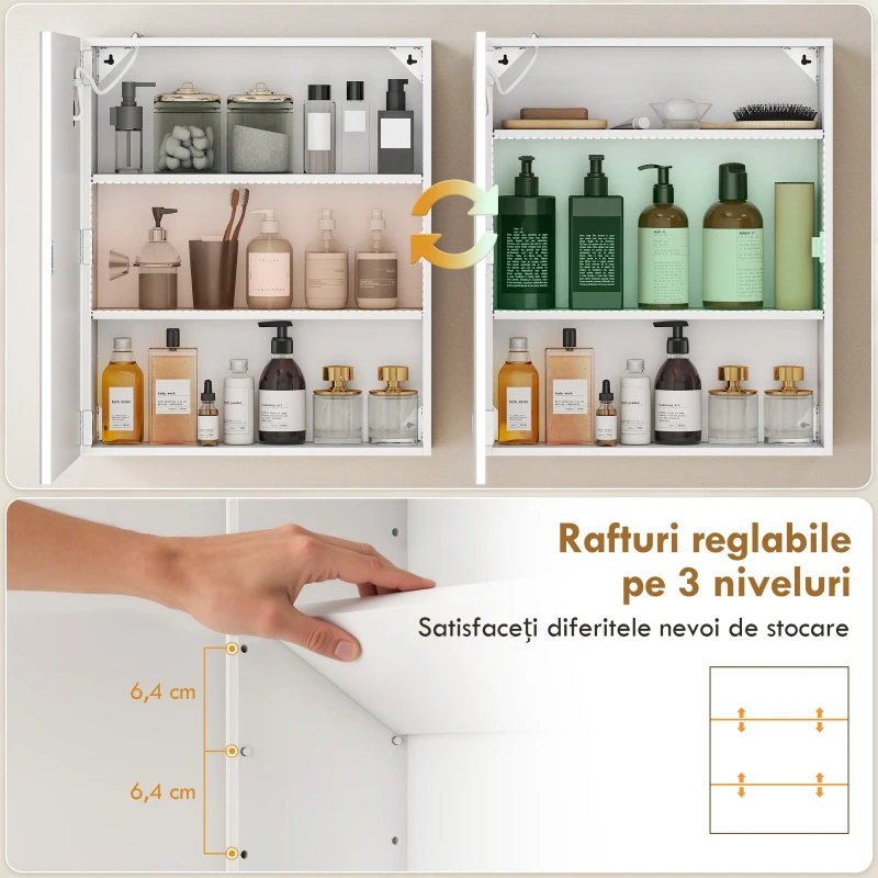 HOMCOM Dulap Baie cu Oglindă LED, 50x15x60 cm Mobilă Baie cu Funcție Anti-Aburire, Rafturi Reglabile, 3 Temperaturi de Lumină Dimmabile, Dulap Montat pe Perete din Sticlă, Alb