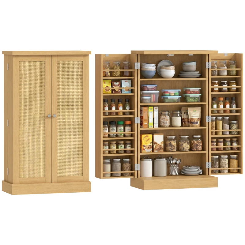 HOMCOM 104 cm Rattan-Küchenschrank mit 5-stufigem Regal, 12 Gewürzfächern und verstellbaren Böden, Natur