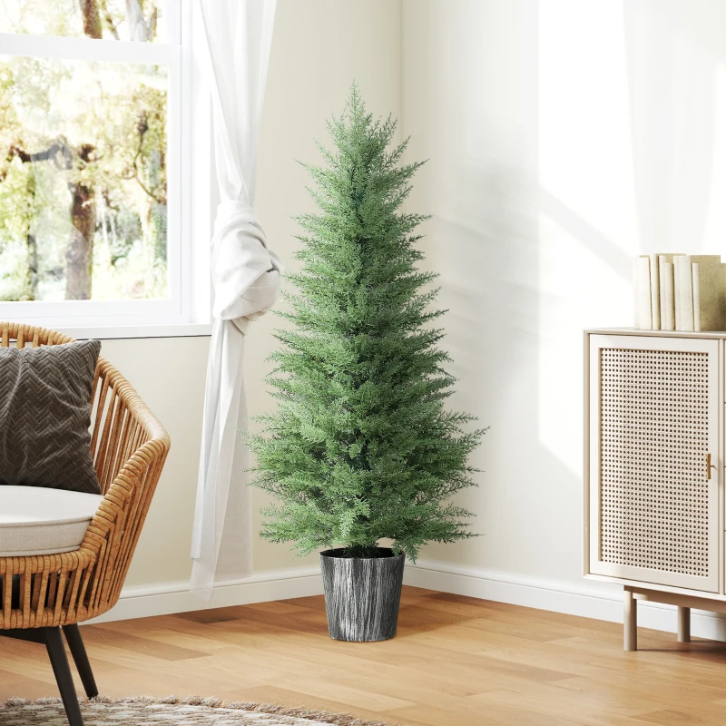 HOMCOM 135cm Artificial Cypress Trees Set of 2, UV Resistant Artificial Plants with Decorative Pot, Fake Plants for Indoor Outdoor Decor, Green