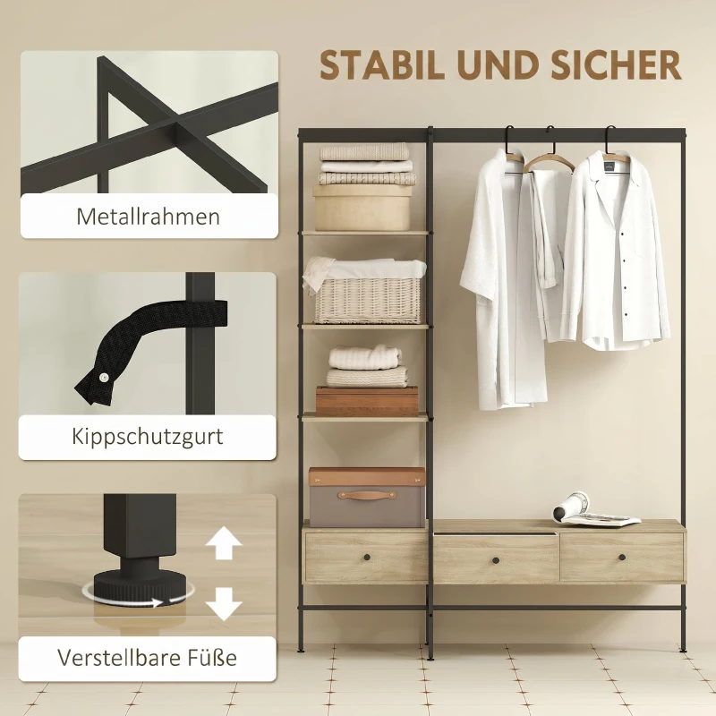 HOMCOM Garderobenständer mit Regalen, Schubladen und Kleiderstange, 180 cm freistehender Kleiderständer im modernen Stil, Metallrahmen, Eiche