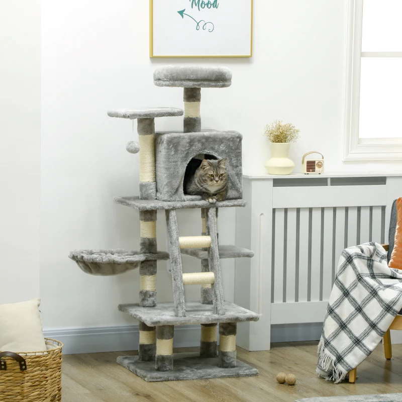 PawHut Árvore para Gatos Multi-equipamentos Arranhadores Raspadores Tocas Plataformas Escada Rede Bola Suspensa Cinza