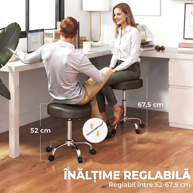 HOMCOM Taburet Rotativ cu Roți din Piele Ecologică, cu Înălțime Reglabilă, Maro