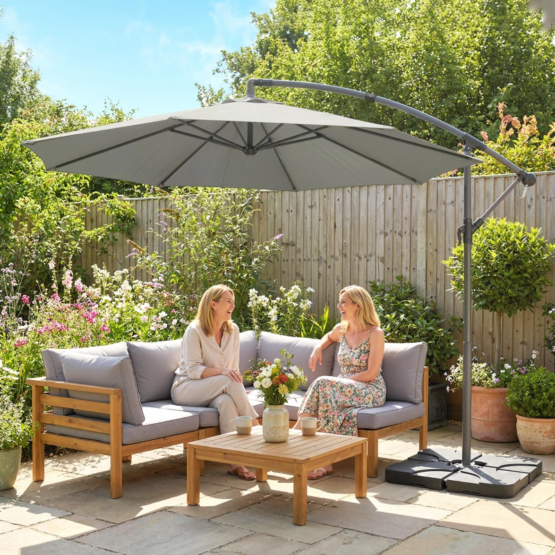 Outsunny 3m Overhanging Parasol, with Base, Weights and Cover - Light Grey
