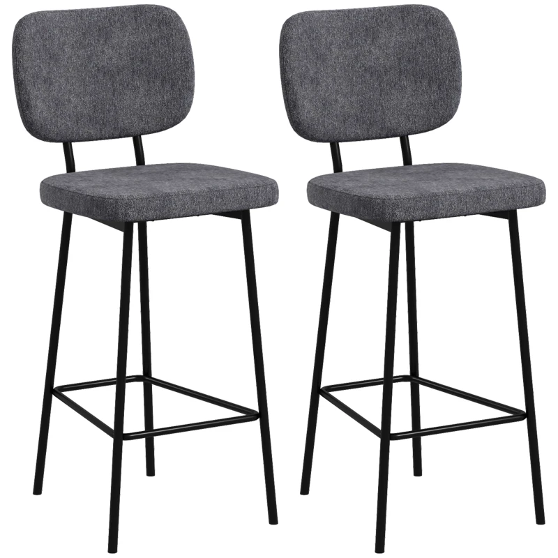 HOMCOM Lot de 2 tabourets de bar chaises hautes chaises de cuisine avec repose-pieds et dossier en tissu de lin et acier