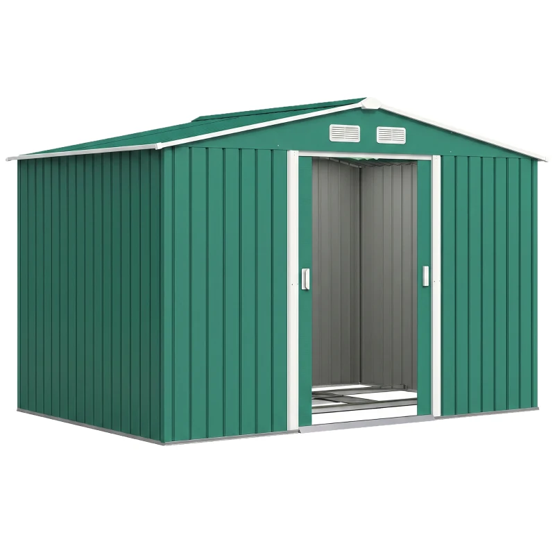 Outsunny Cobertizo de Jardín 4,9 m² 277x195x192 cm con 2 Puertas Corredizas Base Refuerzo (Suelo NO Incluido) Verde Oscuro