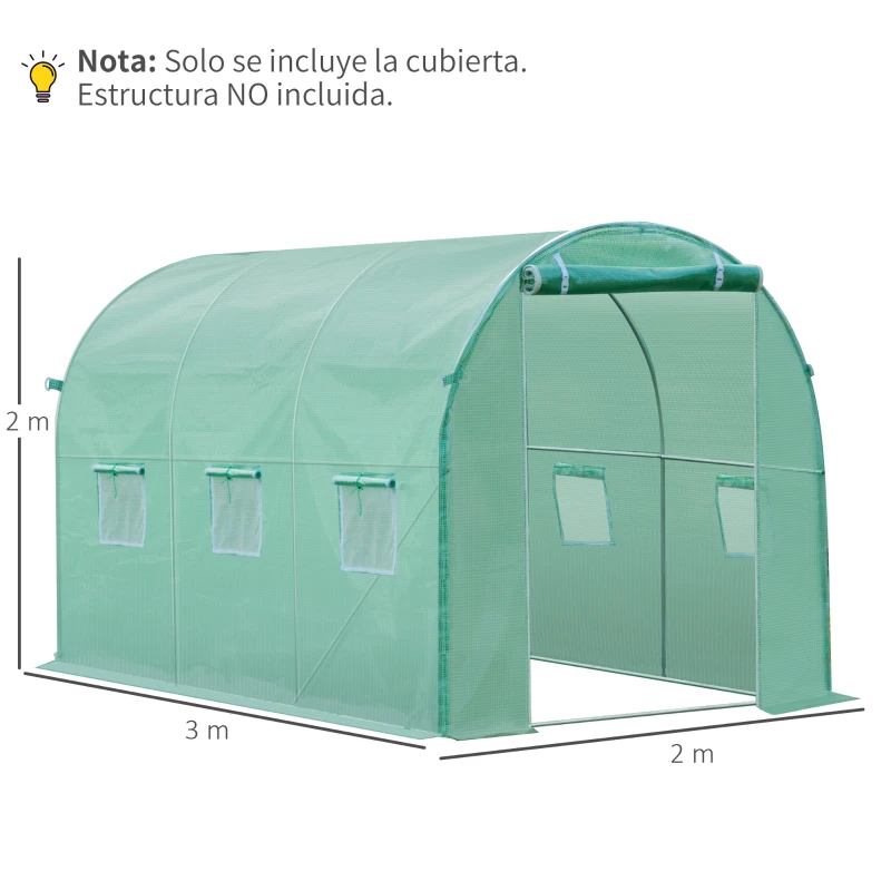 Outsunny Plásticos para Invernaderos 3x2x2 m Cubierta de Repuesto para Invernadero de Polietileno con 6 Ventanas y Puerta Enrollable Protección de Plantas para Jardín Verde