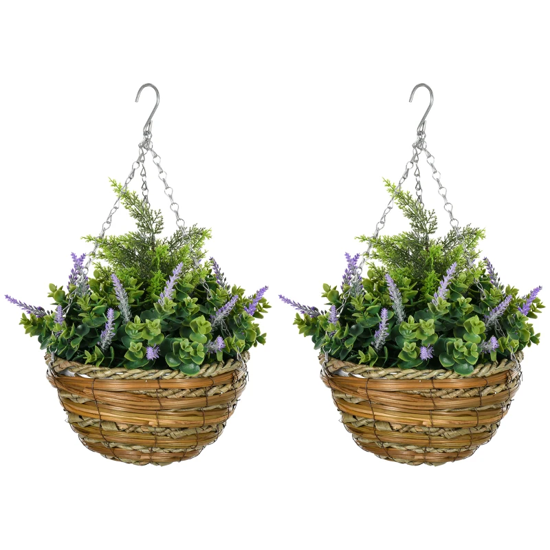 Outsunny Set 2 Plante Artificiale de Lavandă cu Ghiveci și Agățătoare, din PE și Ratan, Ø25x34 cm, Verde și Violet(m-12)