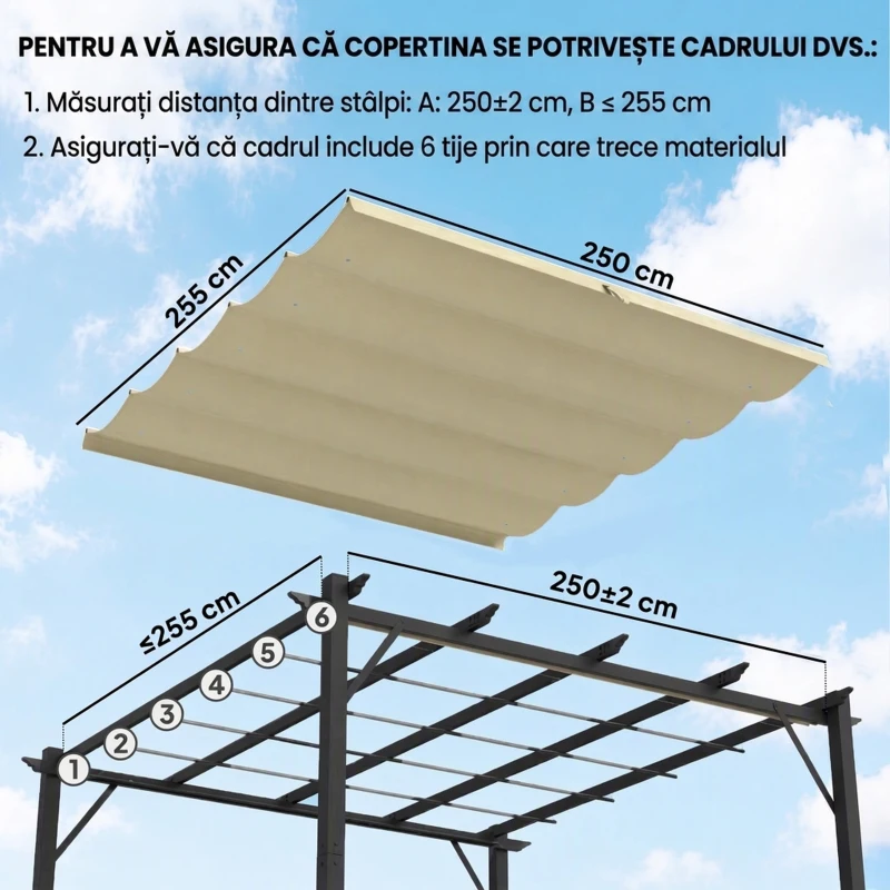 Outsunny Acoperiș de Înlocuire pentru Pergola Gazebo cu 10 Găuri de Drenaj, Husă Pergolă din Poliester Respirabil, 250x255 cm, pentru Pergola de Grădină 3x3m, Bej