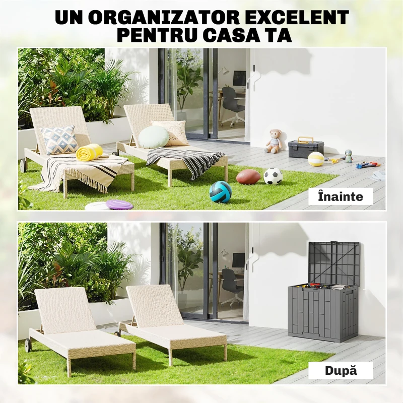 Outsunny Ladă de Grădină 114L cu Capac, Încuietoare, Protecție UV, 56x44x54 cm, Efect Lemn Gri