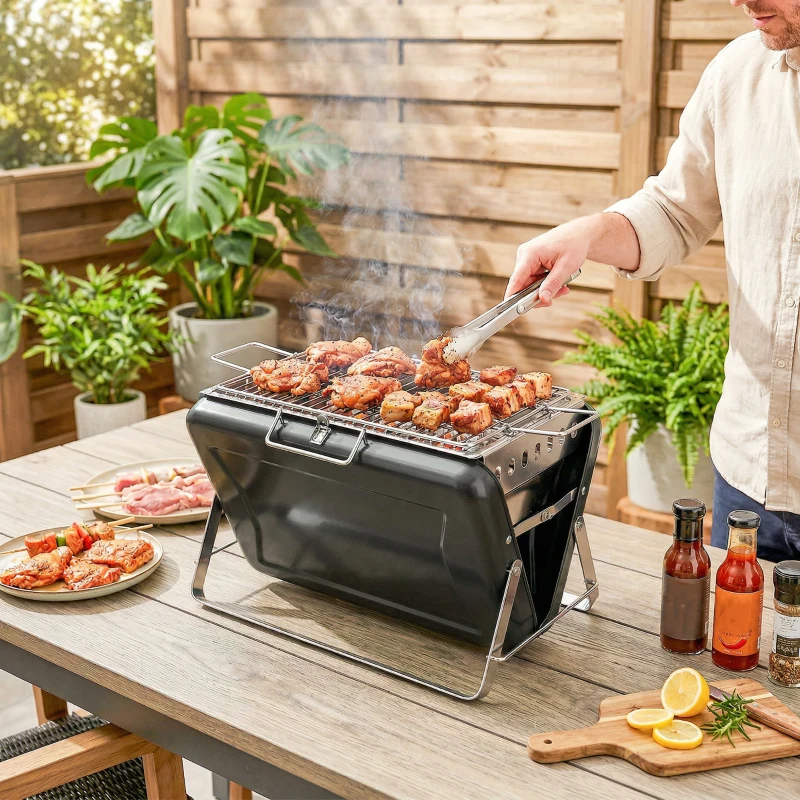 Outsunny Holzkohlegrill aus Edelstahl BBQ Smoker mit Grillrost Griff klappbaren Beinen für Barbeque Camping 40x28x25,5cm Schwarz