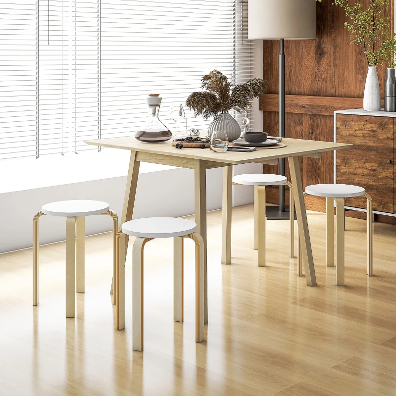 HOMCOM Set 4 Sgabelli Rotondi Impilabili in Legno Bianco, Ø40x45 cm