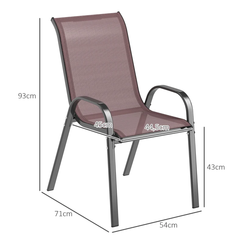 Outsunny Set 4 Sedie da Giardino Impilabili con Braccioli Curvi, in Acciaio e Tessuto Traspirante, 54x71x93 cm, Marrone