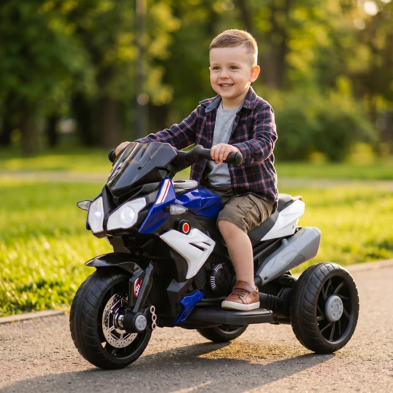 HOMCOM Motocicletă Electrică pentru Copii 3-5 Ani Max. 25kg cu Lumini, Muzică, Baterie 6V și Viteză 3km/h, 86x42x52 cm, Albastră