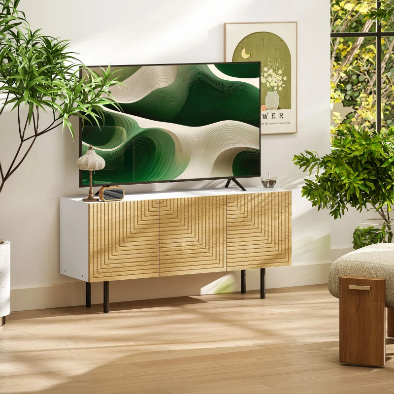 HOMCOM Meuble TV pour jusqu'à 65 pouces avec placards à porte cannelée et passe-câbles pour salon, chambre, effet bois naturel