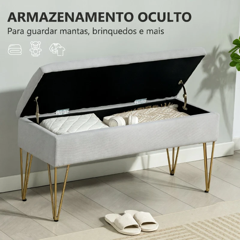 HOMCOM Bancă pentru capătul patului cu spațiu de depozitare, din material textil și picioare din oțel, 100x40x49 cm, gri deschis