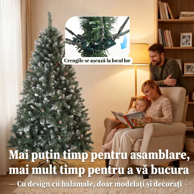 HOMCOM Brad de Crăciun înzăpezit, înalt de 180 cm, cu 910 ramuri și conuri, bază pliabilă din metal, verde