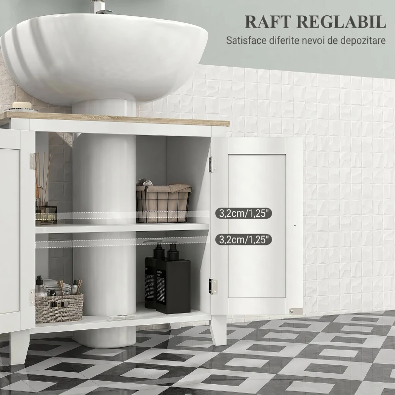 kleankin Dulap sub Chiuvetă Baie în formă de U cu Raft Reglabil la Interior, din MDF, 60x30x60 cm, Alb și Lemn Natur(m-6)