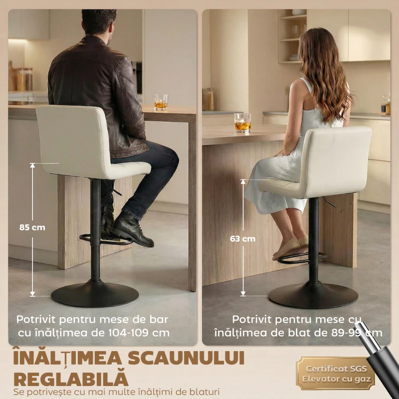 HOMCOM Set 2 Scaune de Bar Reglabile cu Suport pentru Picioare, din Piele PU și Oțel, 39,5x44x88-110 cm, Crem