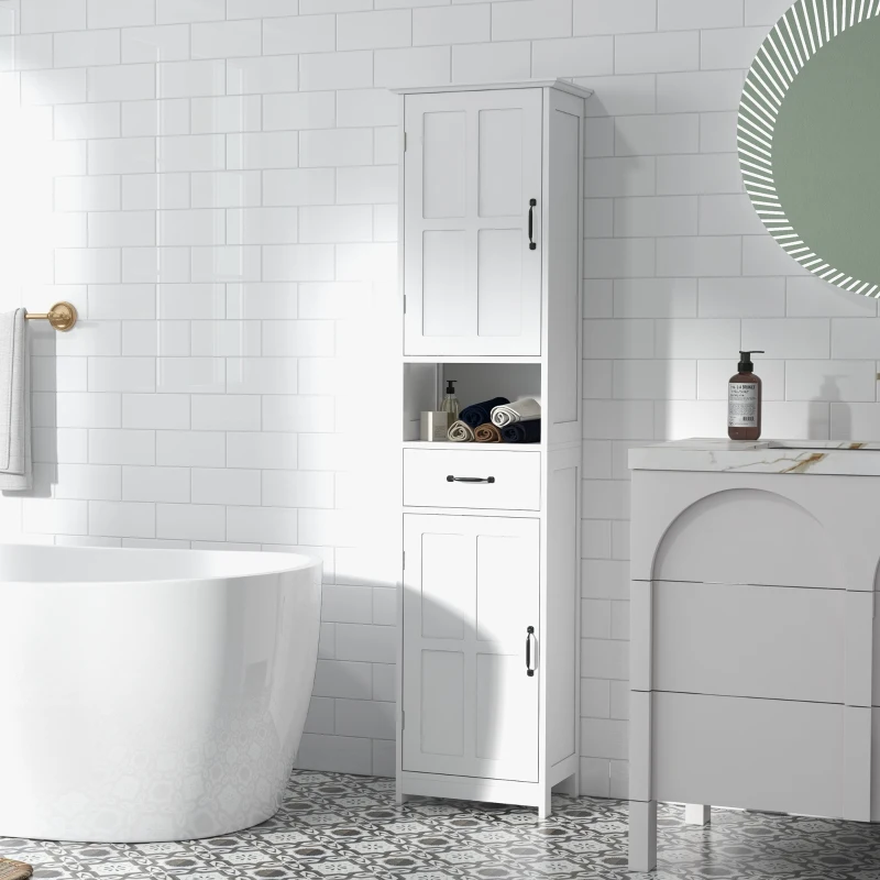 kleankin Coluna de Casa de Banho com 2 Portas 1 Gaveta Prateleira Aberta e Prateleiras Ajustáveis 40x30x164 cm Branco